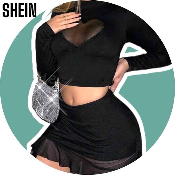 SHEIN Sweetina Y2k Black Mock Neck Heart Mesh Insert Club Crop Tee - Picture 2 of 6